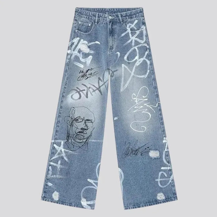 Painted men's floor-length jeans