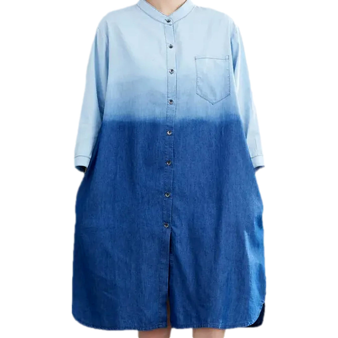 Ombre Side Hem Shirt Denim Dress - Light Blue