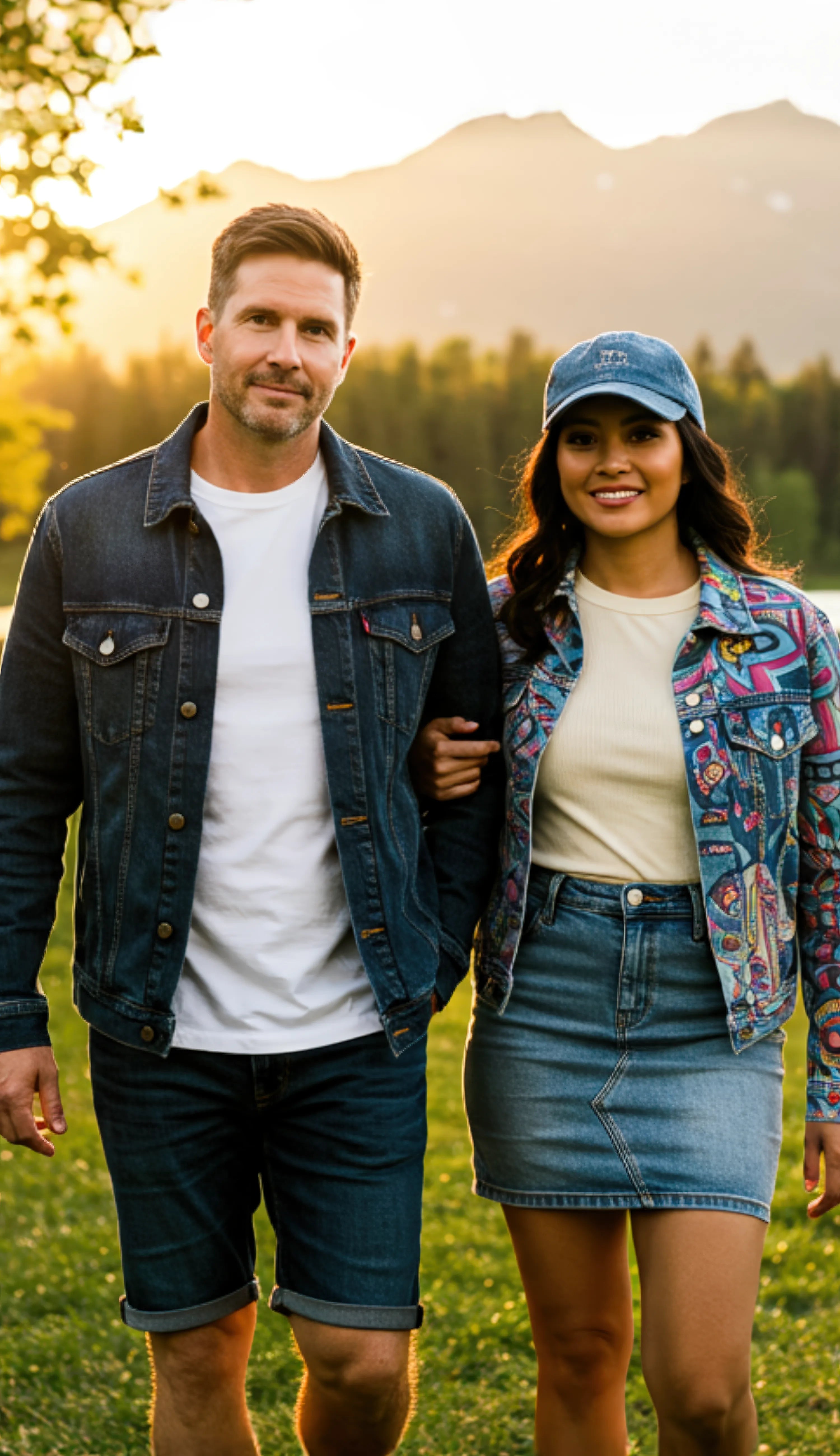 This image shows a couple standing together in a beautiful outdoor setting during golden hour. The man on the left is wearing a dark denim jacket over a white t-shirt and dark shorts. The woman on the right is wearing a vibrant, colorfully patterned denim jacket with psychedelic-style designs in blues, pinks, and other bright colors, paired with a light-colored top, denim skirt, and a blue baseball cap. They're standing arm-in-arm on a grassy area with a serene lake visible in the background, surrounded by 